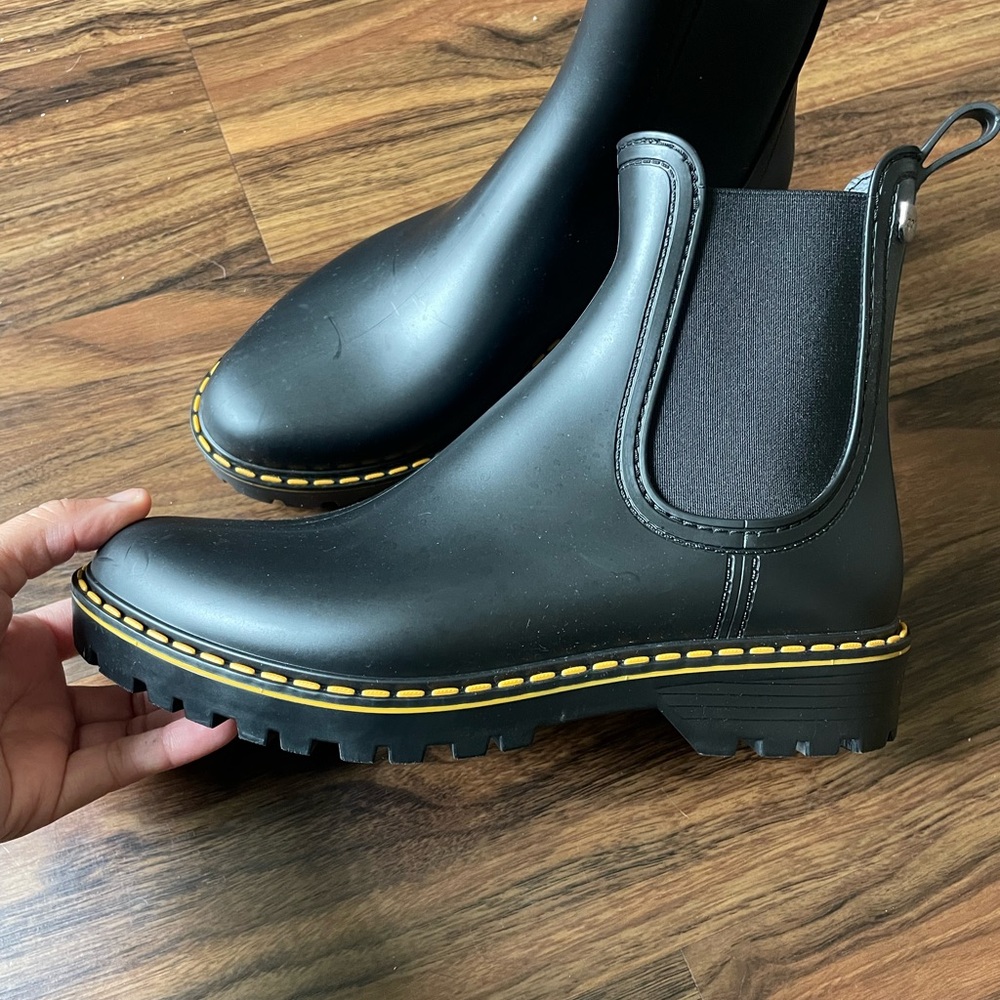 Black Chelsea Rain Boots with Yellow Stitching